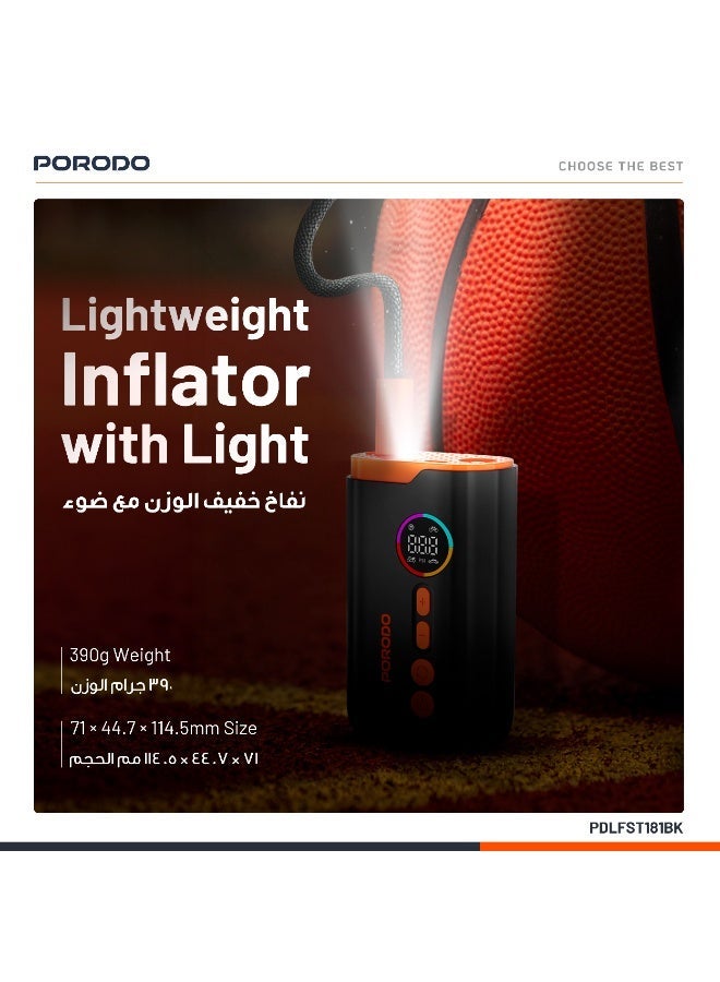 porodo Lifestyle Electric Air Inflator with 4 Inflation Mode and Heat Dissipation / High-Pressure Power /  Ultra-Compact Pump / Portable Inflator - Black - Image 4